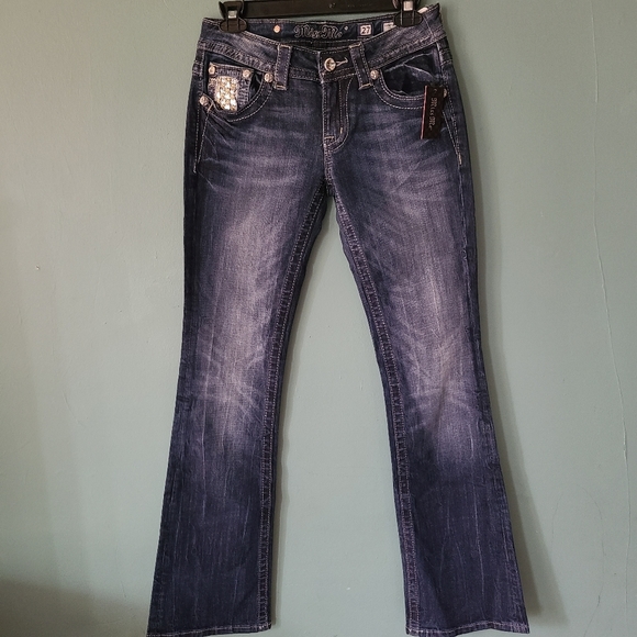 Miss Me Denim - Miss Me Signature Rise Boot Jeans with  Sequins and Rhinestones Size 27